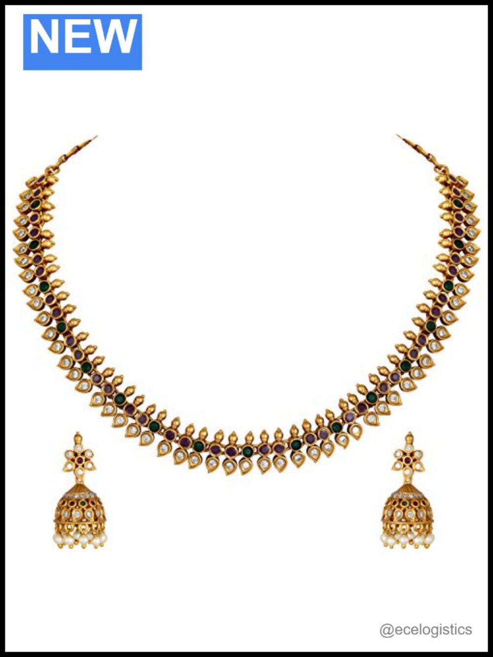 Gold Tone Crystal Pendant Chokar Necklace Set Dangle Earrings